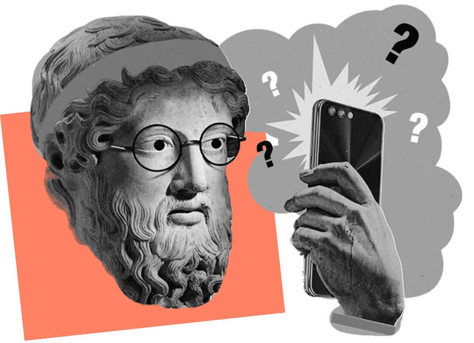 Collage eines Antiken Kopfes mit einer Brille die ein Smartphone in der Hand hält 