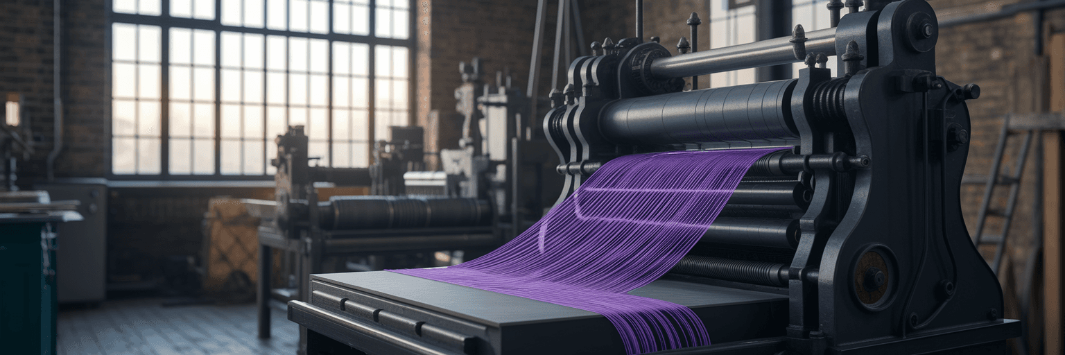 Purple thread weaving through printing press.