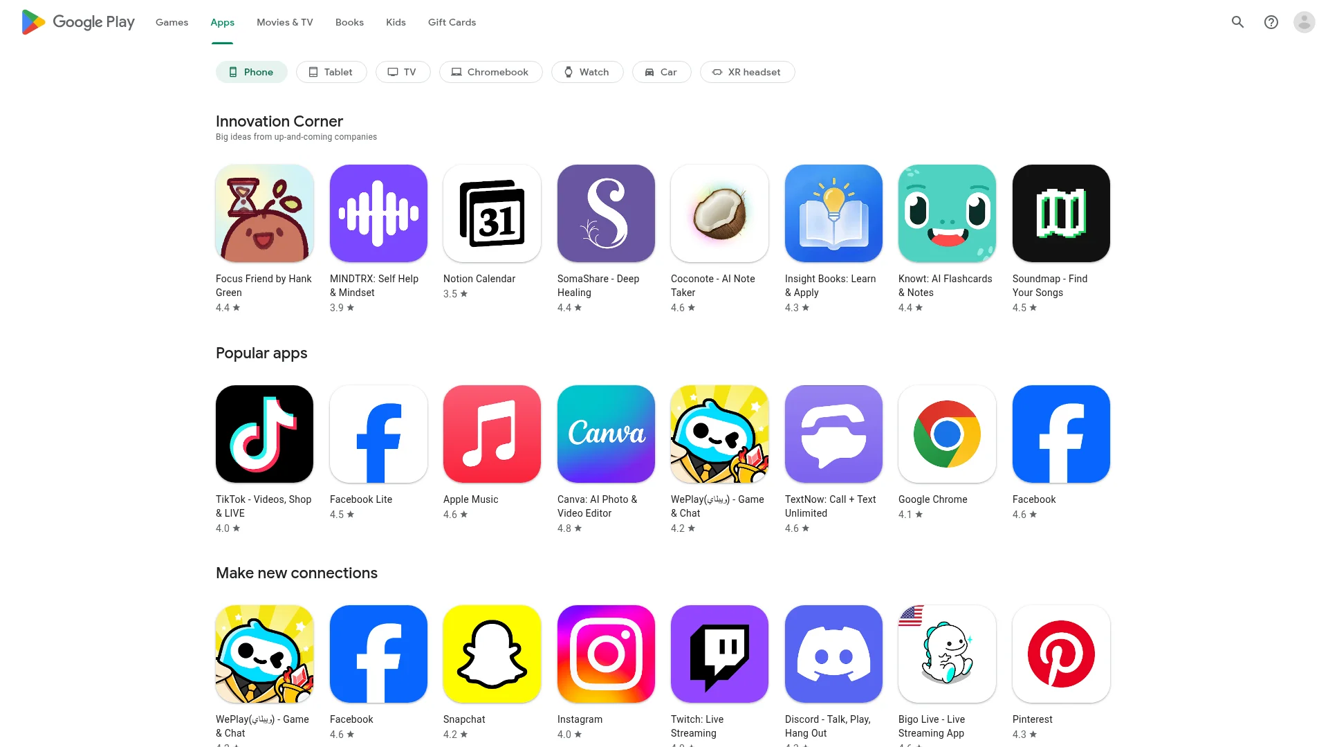 Google Play Store Apps home page, where categories organize app discovery.