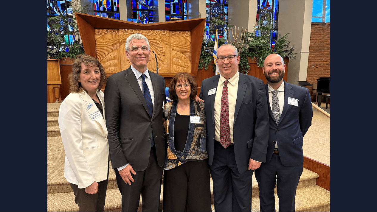 From left, Mindy Holland, JFNENY board chairwoman; Rabbi Rick Jacobs, URJ president; Jill Goodman, JFNENY Board chairwoman-elect; Rob Kovach, JFNENY president and CEO; and Congregation Beth Emeth’s Rabbi Greg Weitzman.