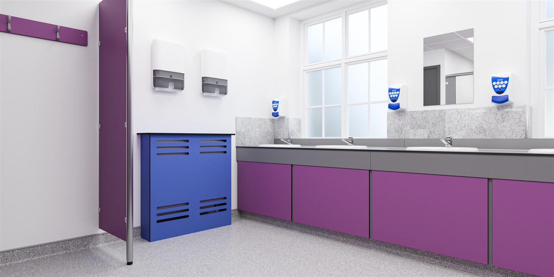 Washroom environment with SGL inset vanity unit, radiator cover, floor to ceiling privacy screen and SGL peg rail