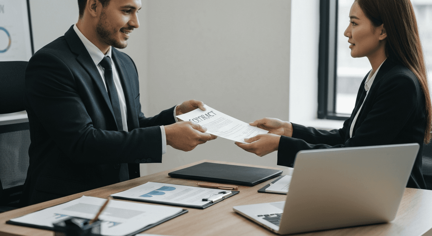 Professionals exchanging contract in office