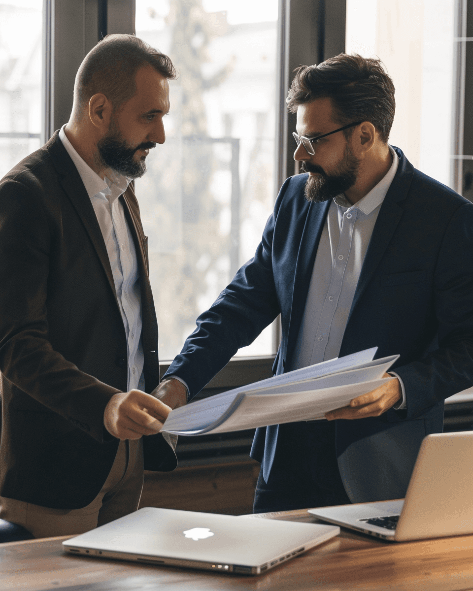 Deux professionnels debout analysant un dossier de risque complexe, l’un montrant un point précis dans le document à son partenaire.