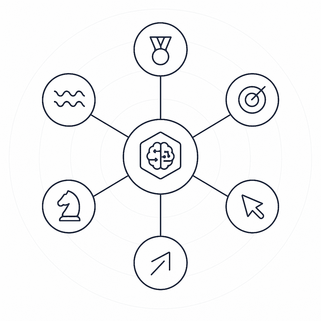 Radial diagram with six metric icons encircling a central AI visibility ROI hub