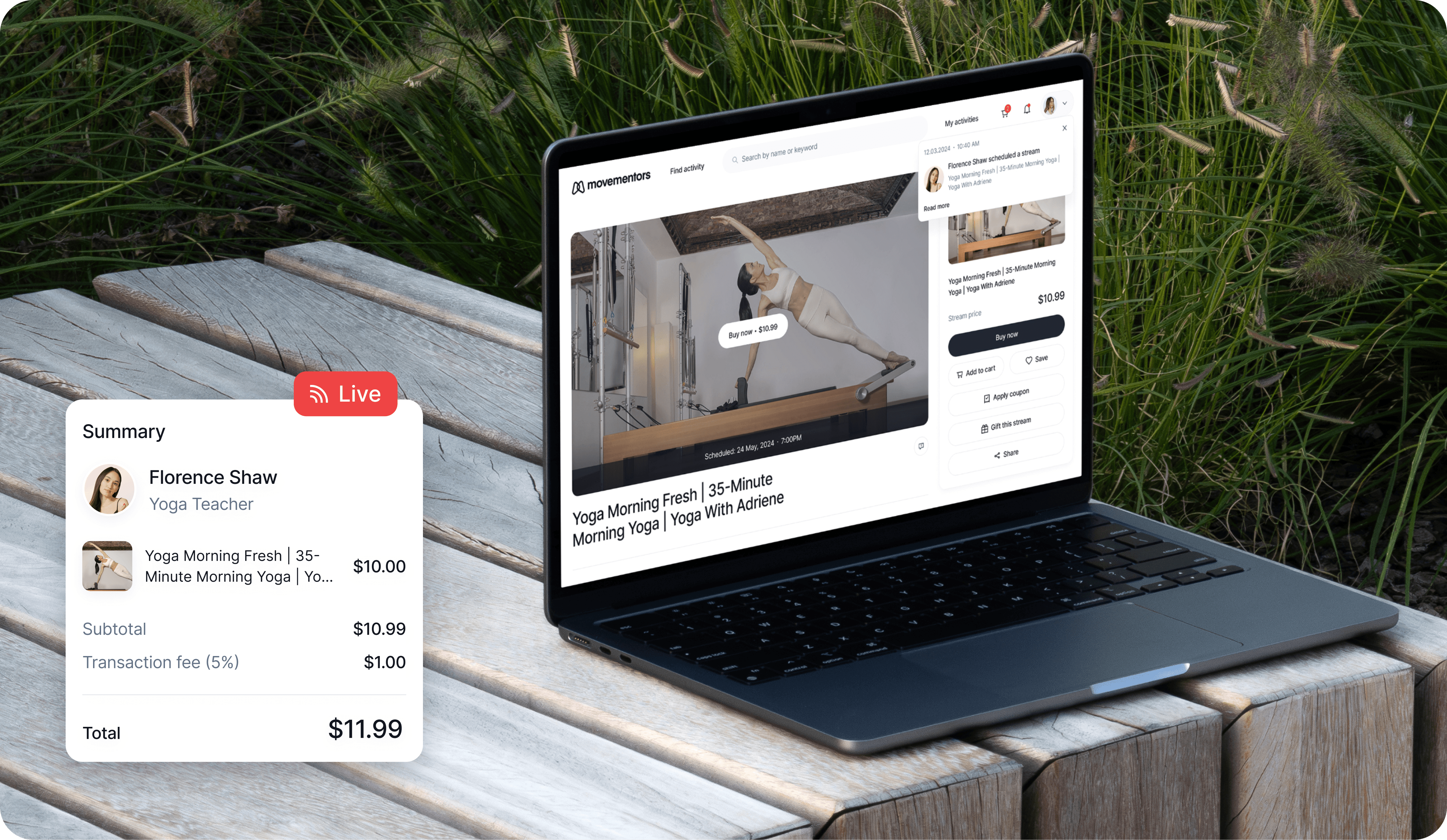 A laptop displaying a web page sits on stacked wooden planks, with a sidebar interface visible.