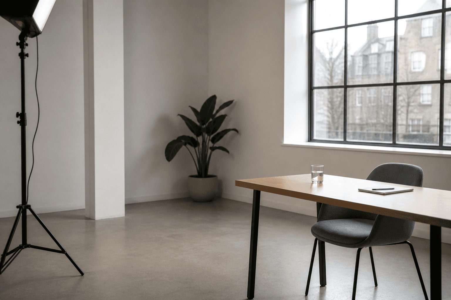 Minimal video setup in a clean indoor space in Cambridge with a camera, desk, and soft natural window light.