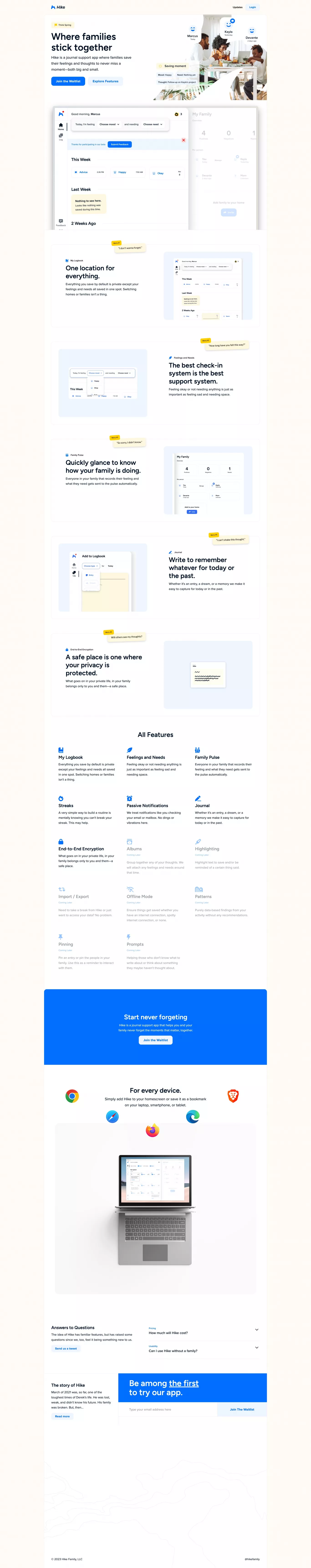 Hike - Save your family time, literally. landing page screenshot showcasing Tech and Writing design