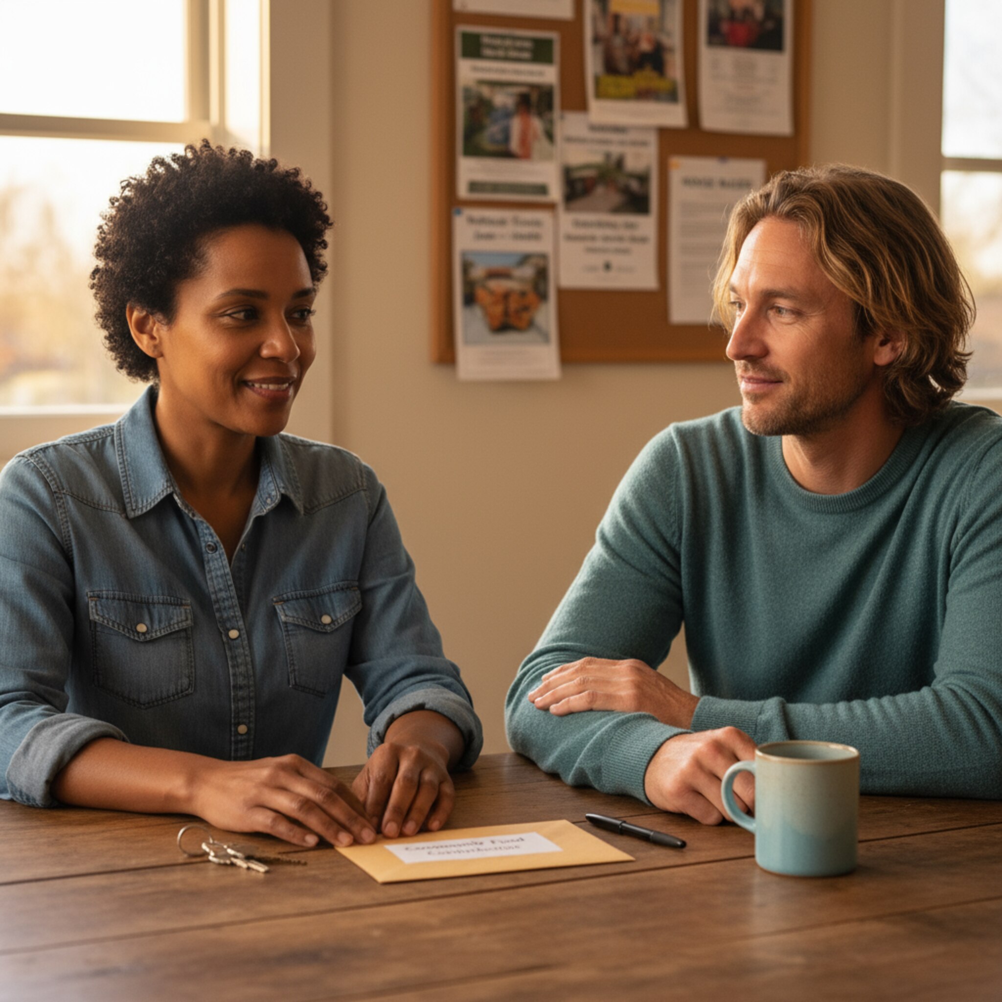 In einem Vereinsheim sitzen zwei Personen an einem massiven Holztisch. Ein Schlüsselbund und ein beschrifteter Umschlag liegen ordentlich bereit. Beide nicken sich zustimmend zu. Im Hintergrund hängt eine Pinnwand mit Terminen und einer laminierten Hausordnung.