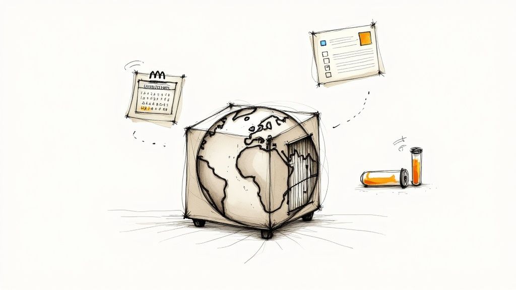 A person holding a passport and a pet carrier at an airport, symbolizing international travel.