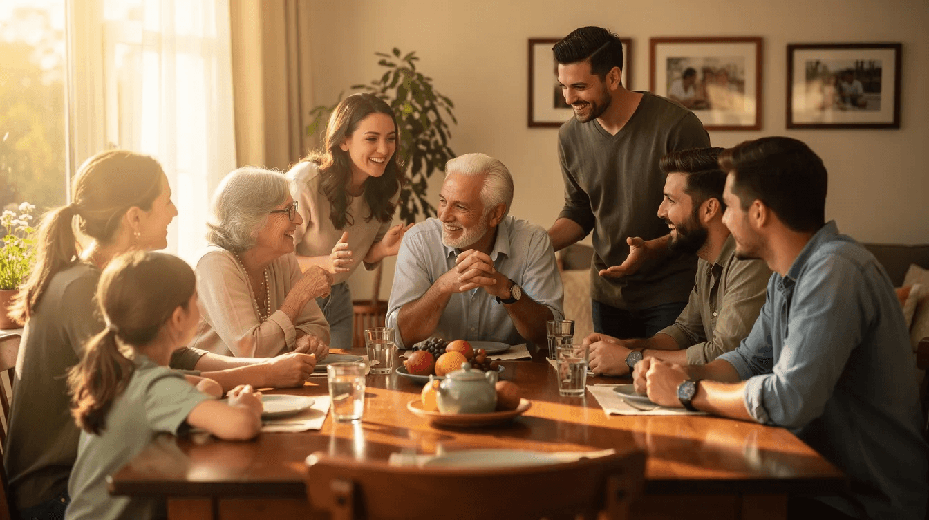 A multi-generational family is gathered around a table, engaged in a lively conversation that reflects their shared experiences and financial stories. This scene highlights the importance of discussing wealth, financial independence, and the potential risks of concentration risk in personal life.