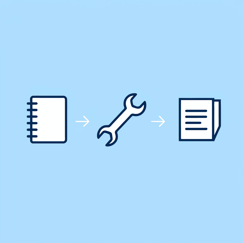 Three-step flow showing how the right tools transform scattered research notes into organized reports.
