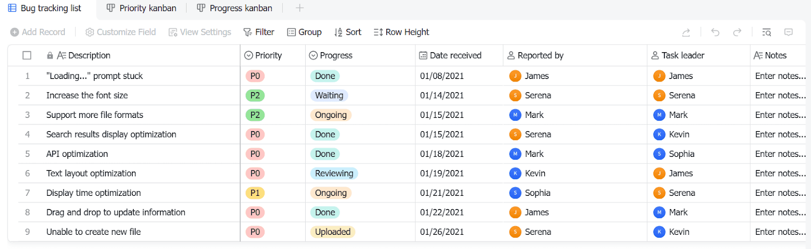 Lark’s bug tracking template