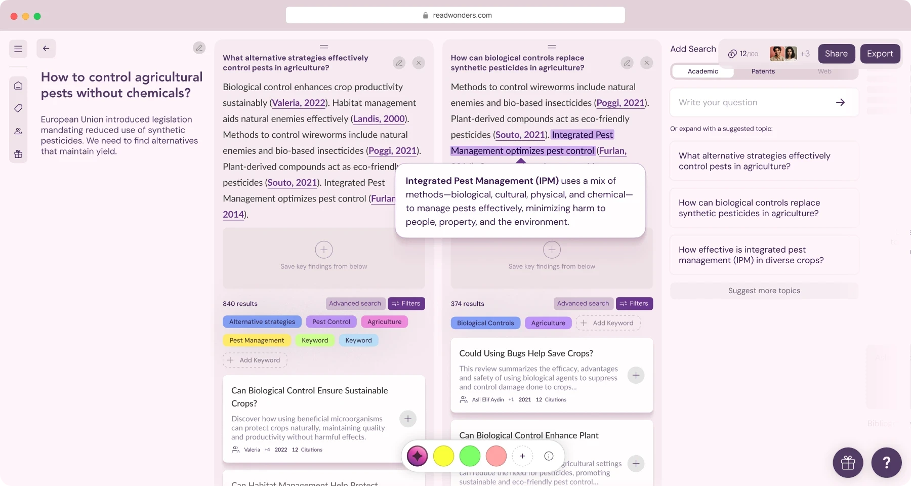 Wonders AI Research Workspace Multi-Column Search Screenshot