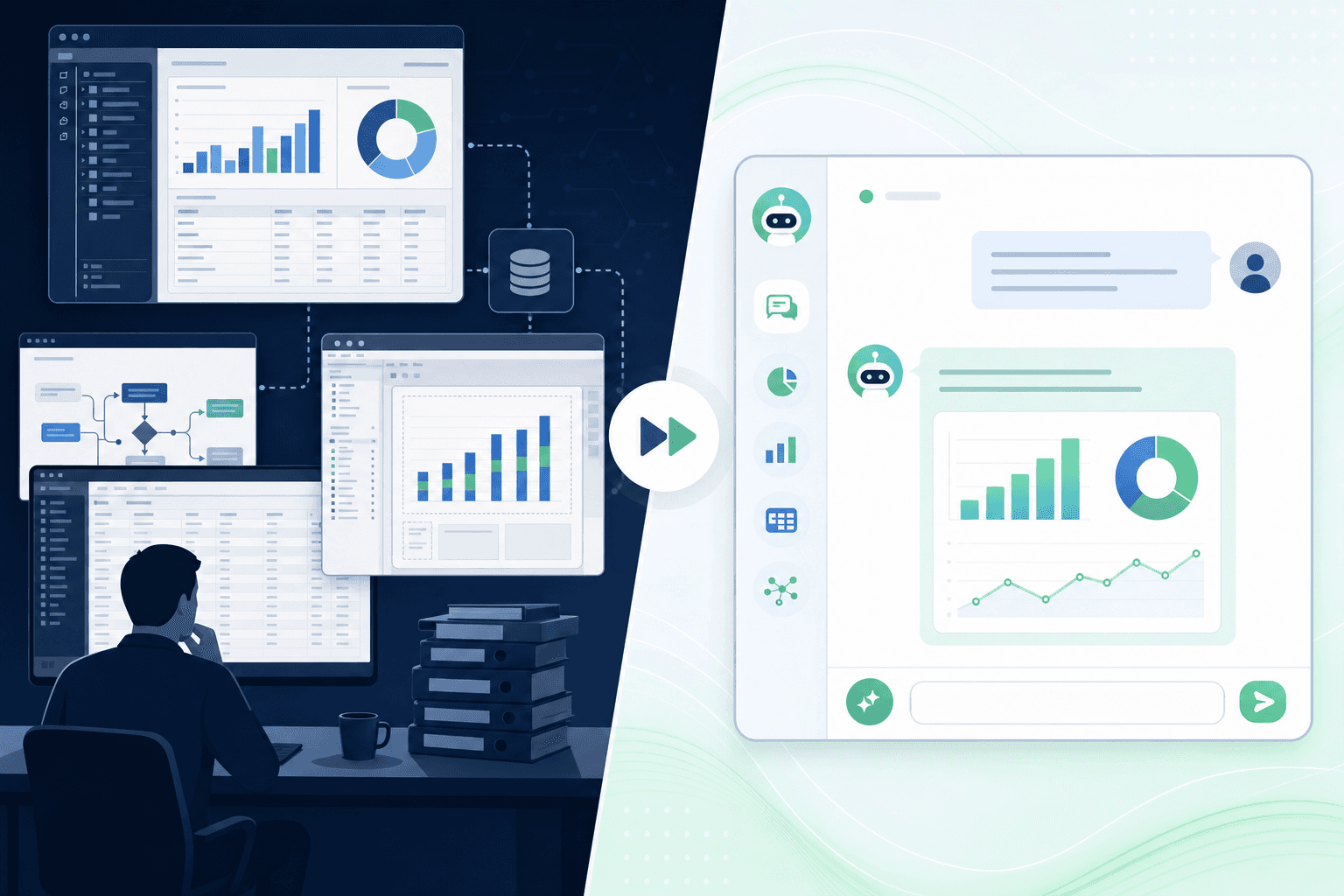 A modern split-screen illustration showing the evolution of CRM data access: on the left side, a traditional setup with multiple disconnected tools including a BI dashboard interface, report builder screens, and complex navigation menus; on the right side, a clean conversational interface showing a chat-style interaction with data results appearing instantly. The scene should convey the contrast between traditional self-service BI complexity and modern AI-powered simplicity. Professional, technical illustration style with blues, greens, and clean modern design.