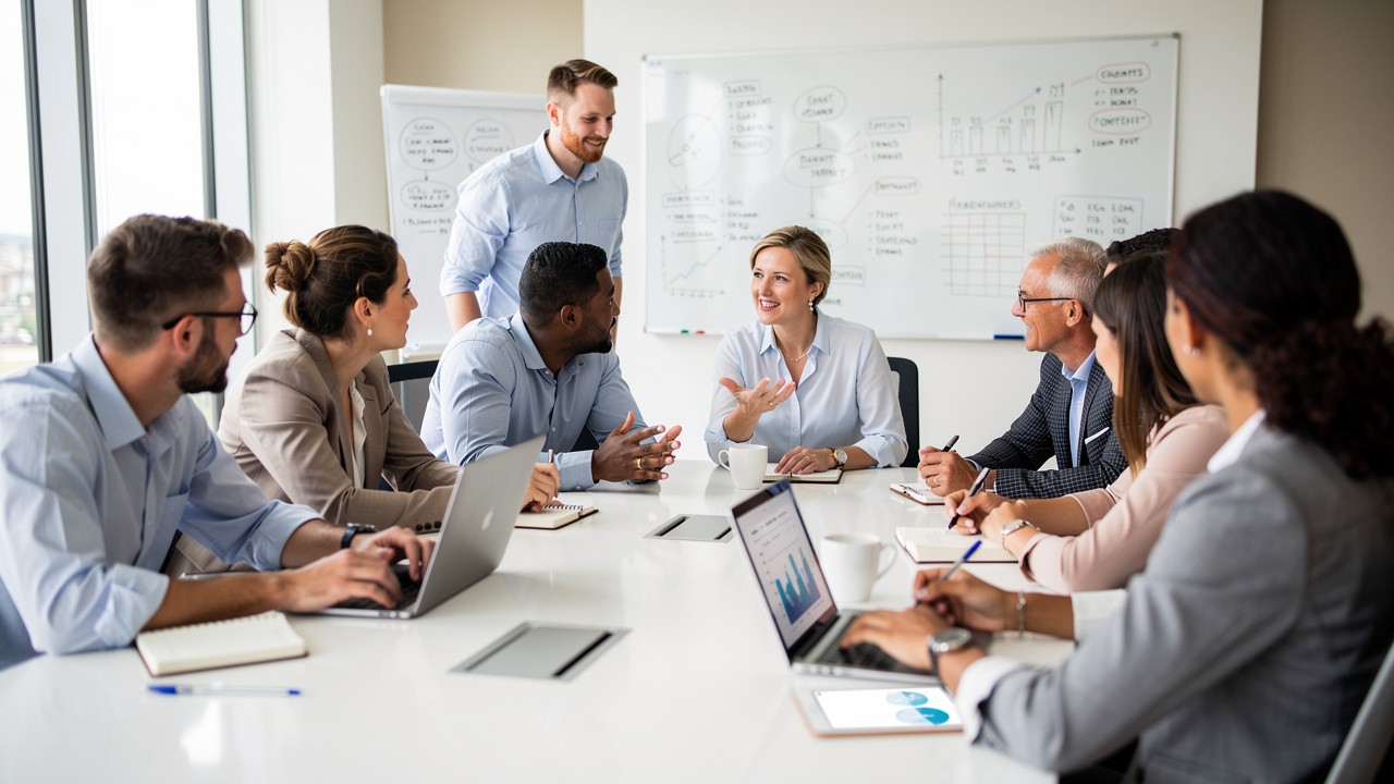 Sales team collaborating during training session