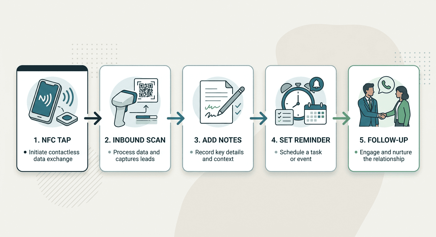 NFC business card workflow for sales teams showing lead capture, notes, reminders, and CRM export.