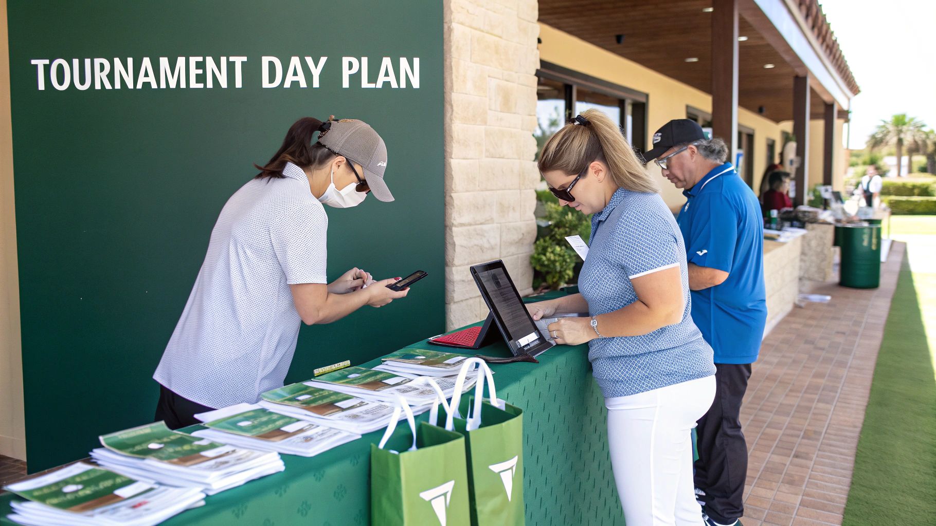 Women registering at a golf tournament event, with a sign reading 'TOURNAMENT DAY PLAN'.