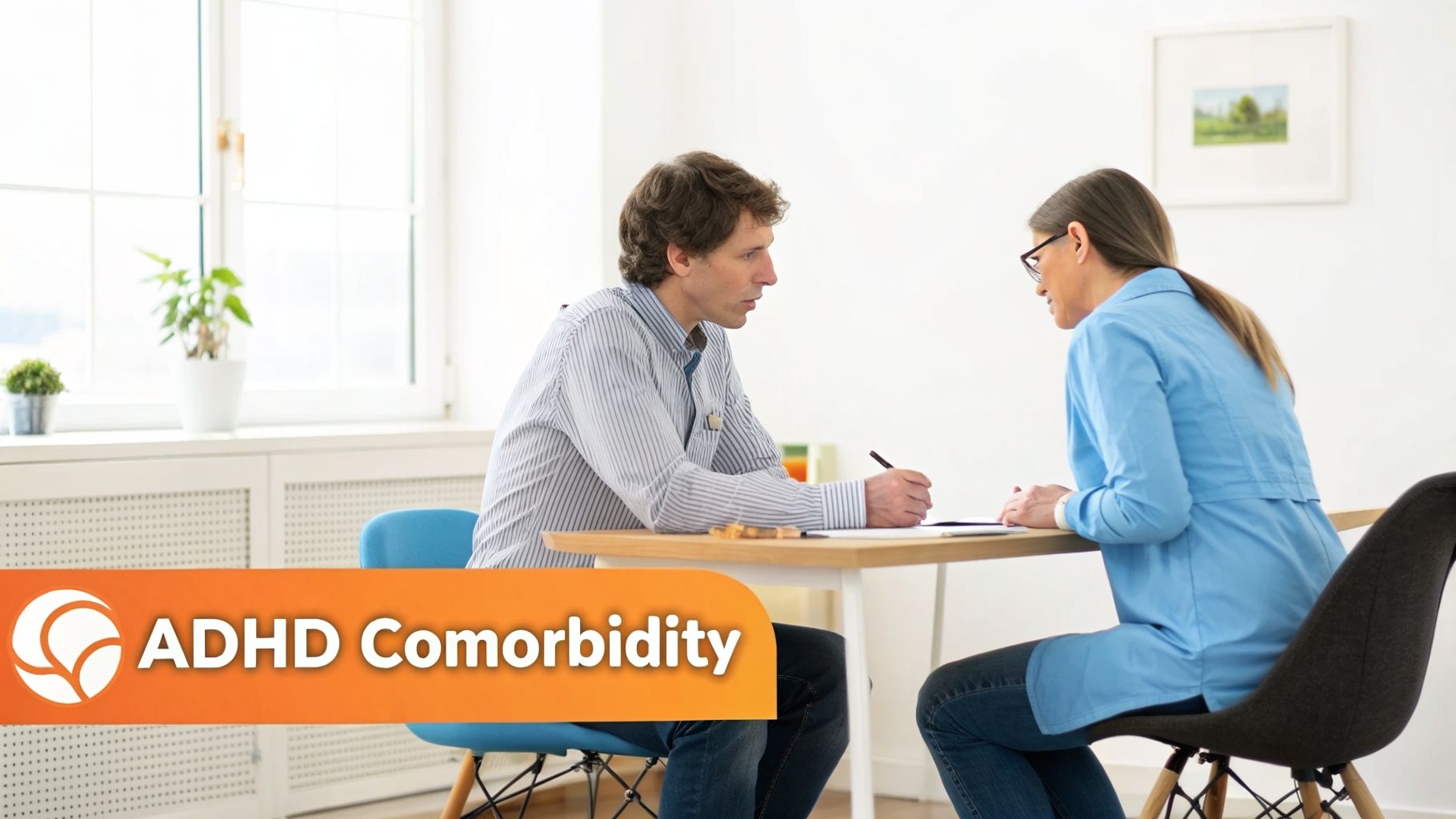 Two people, a man writing and a woman listening, during a consultation with