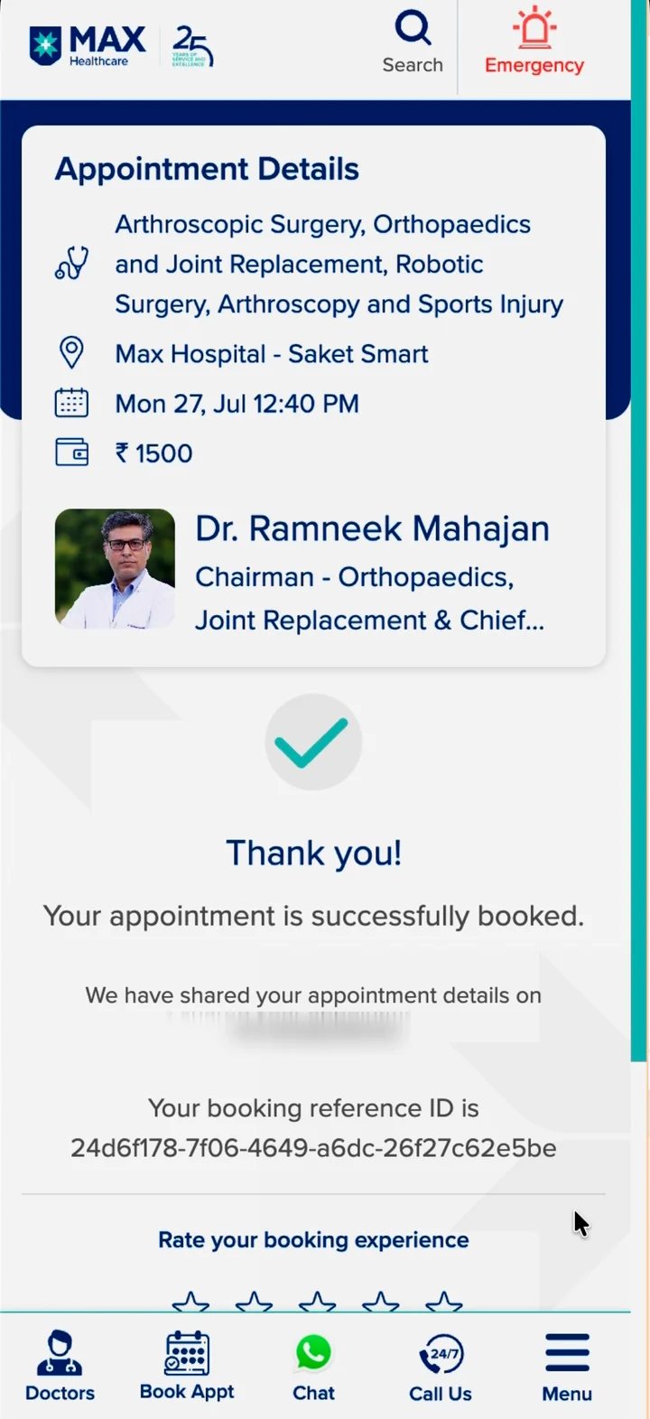 Confirmation screen: appointment successfully booked, with a WhatsApp message and a booking reference ID.