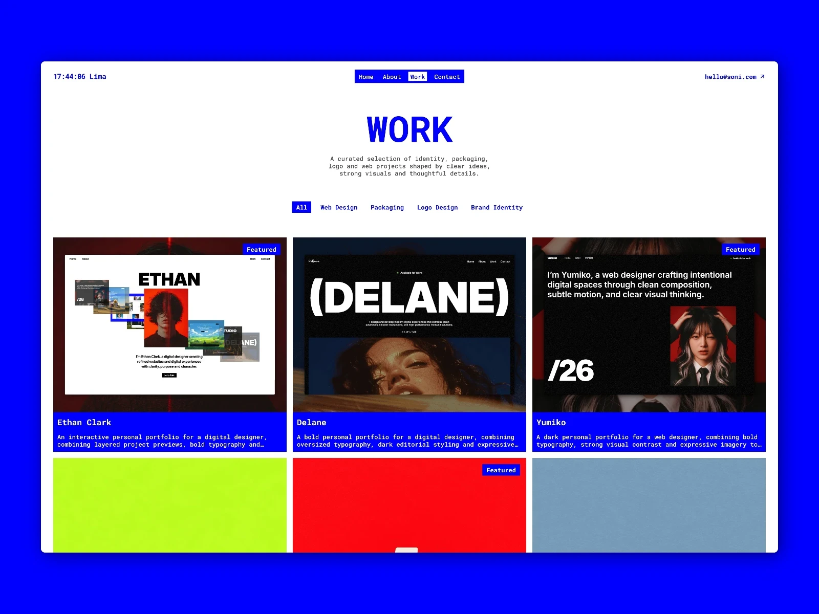 SONI work page showing a colorful grid of selected design projects