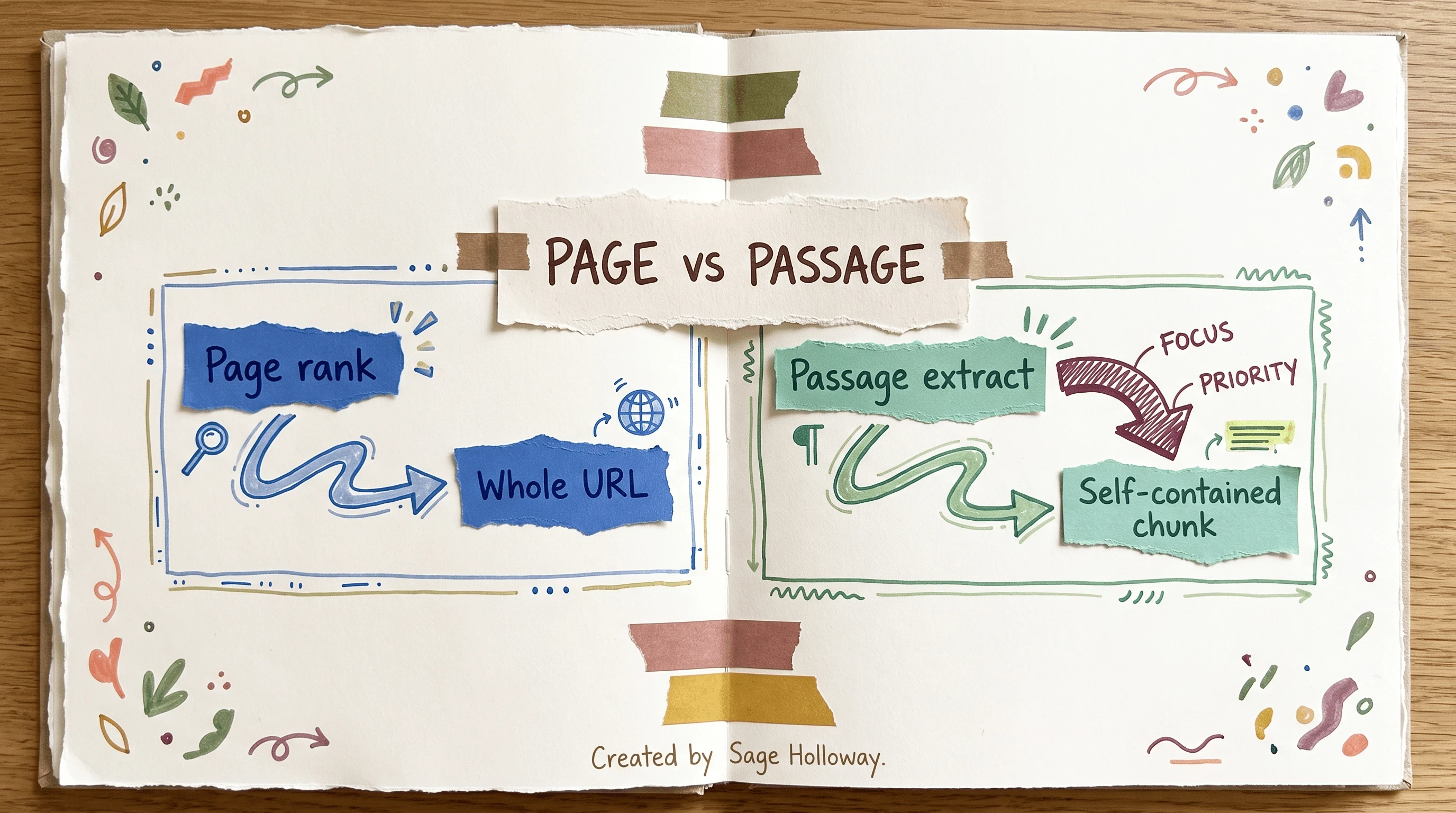 Scrapbook diagram comparing whole-page ranking to passage-level extraction for LLMs