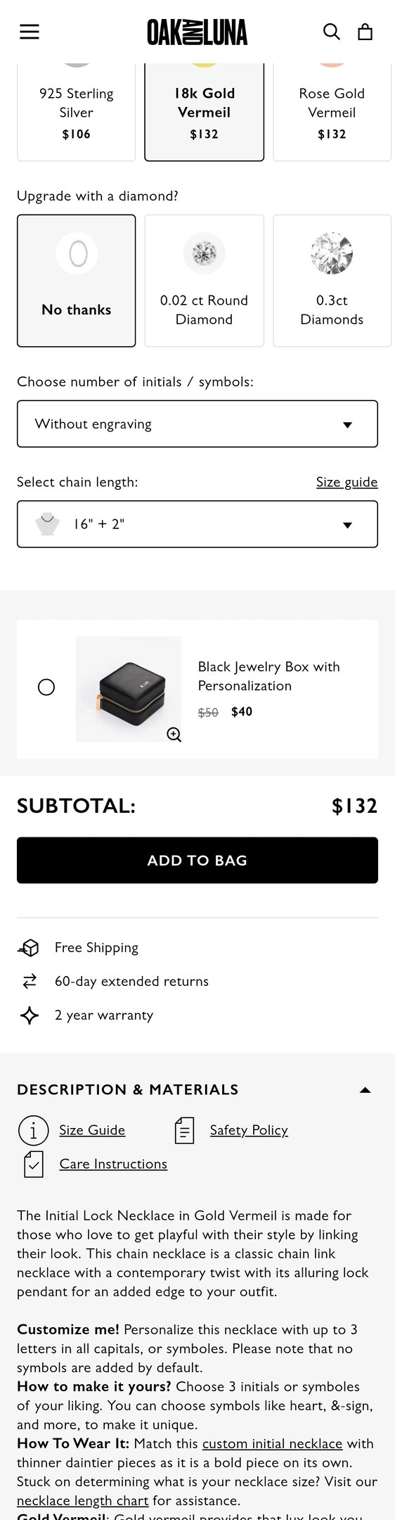 Jewelry product options include: necklace, pendant, chain for Initial Lock Necklace - Gold Vermeil from Oak & Luna.