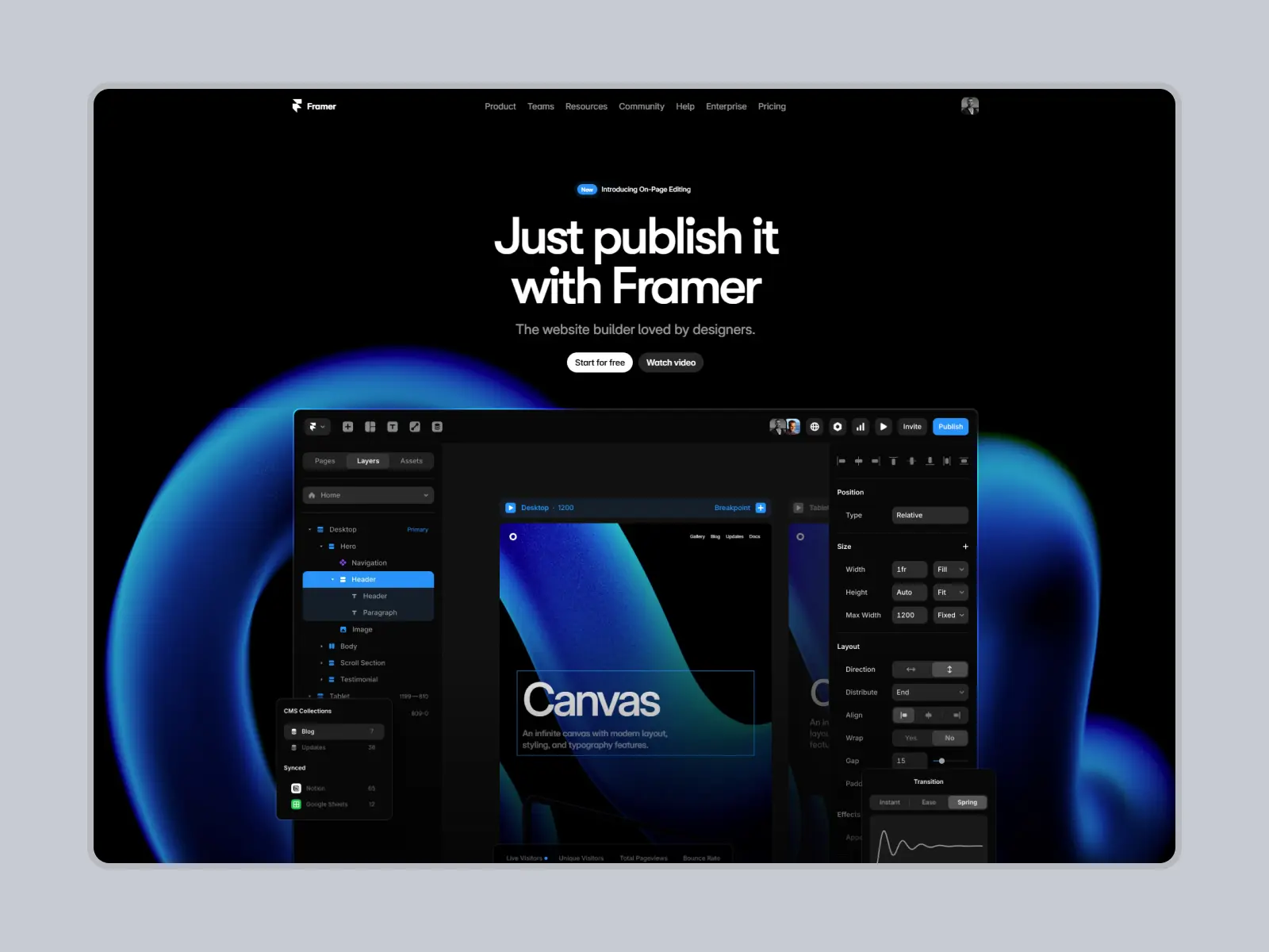 Framer website builder homepage showcasing on-page editing and visual canvas UI for designers