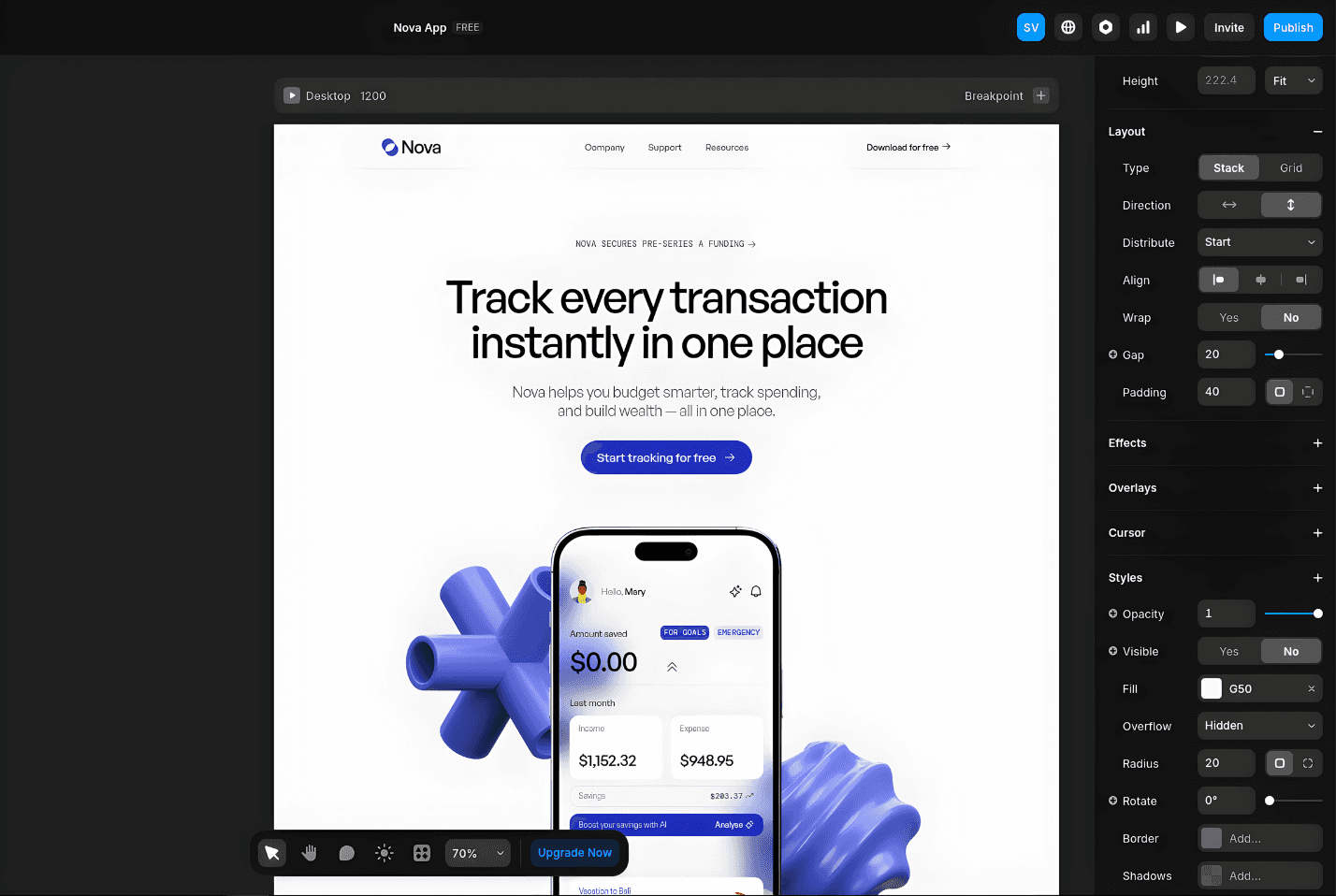 Clario dashboard showing balance, daily spending limit, savings plans, and real-time expense tracking in a modern interface.