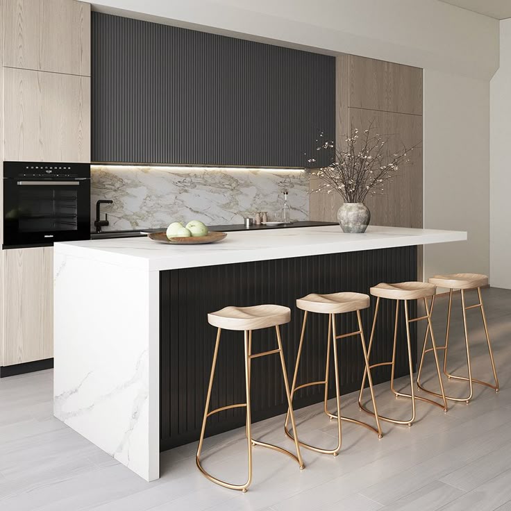 Modern kitchen with white countertops, built-in appliances, wood panel cabinets, a stainless steel sink, and minimalist design elements.