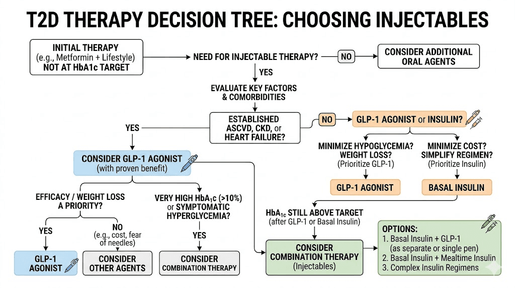 Treatment decision flowchart for insulin versus GLP-1 therapy