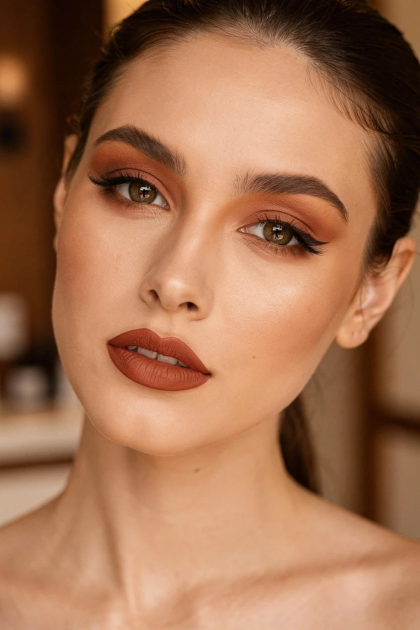 girl in a dark green shirt, after makeup