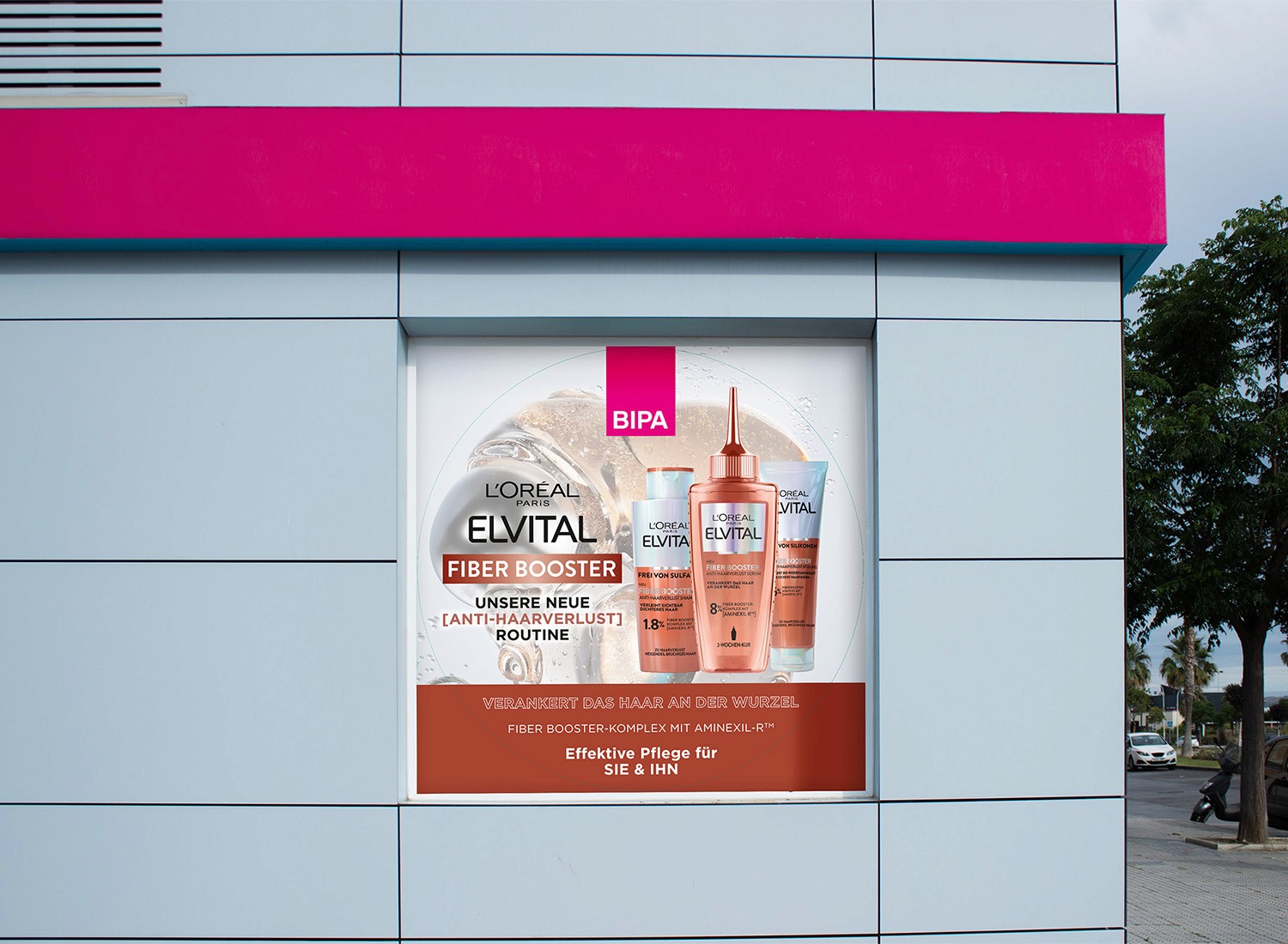 Elvital Fensterbeklebung Werbung für Produkte.