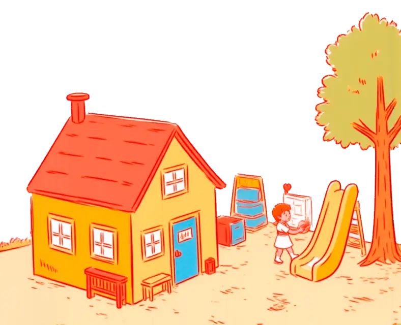 Illustration of a yellow child care house with red roof, child, slide, and tree