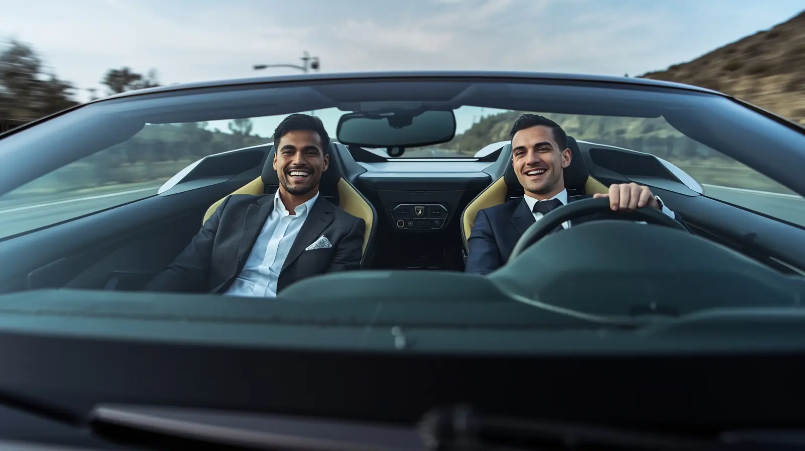 Two happy men driving a sportscar with a joyful expression, ideal for car rental adventure promotions