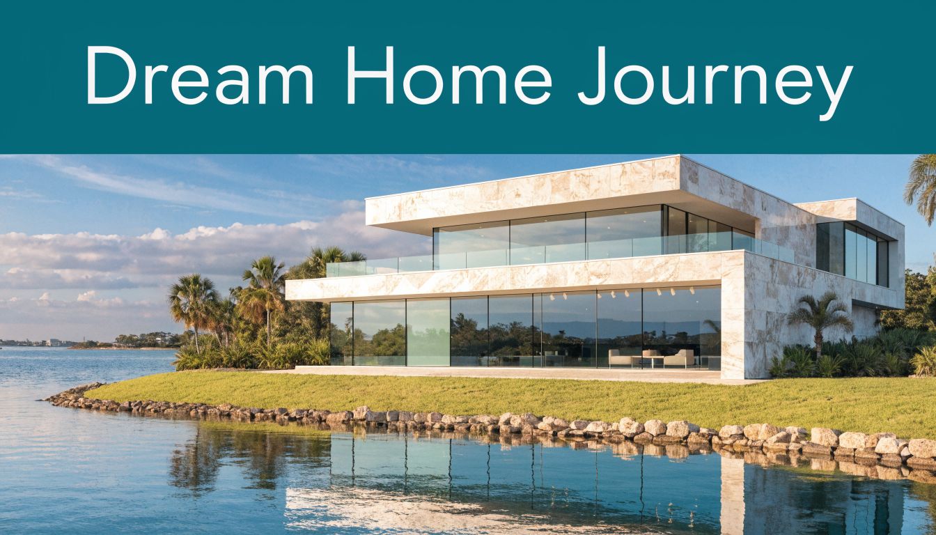 A luxurious modern marble mansion situated on a serene waterfront property under a clear blue sky.