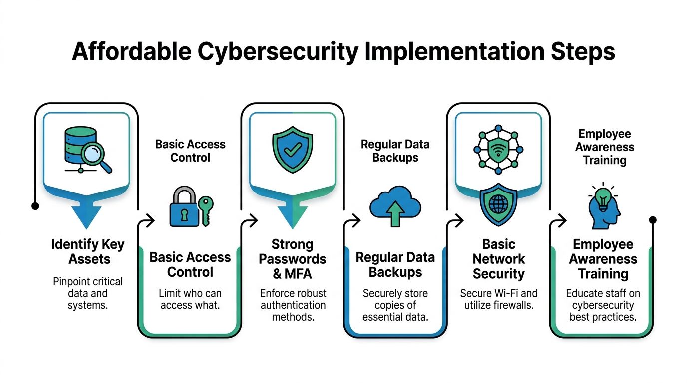 A flowchart infographic outlining six affordable cybersecurity implementation steps for protecting business data and systems.