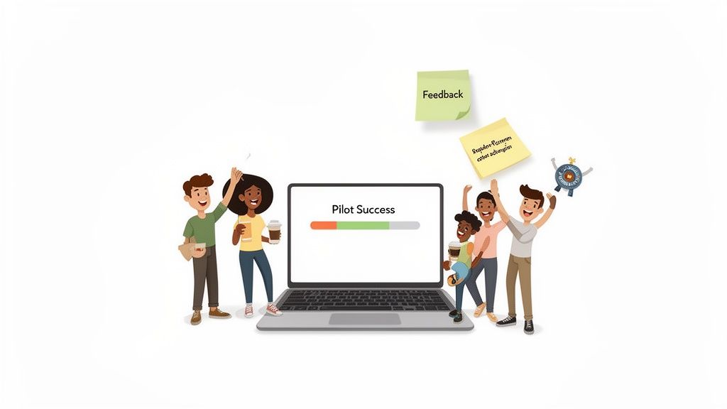 A diverse team celebrates around a laptop displaying 'Pilot Success' with a green progress bar and sticky notes.
