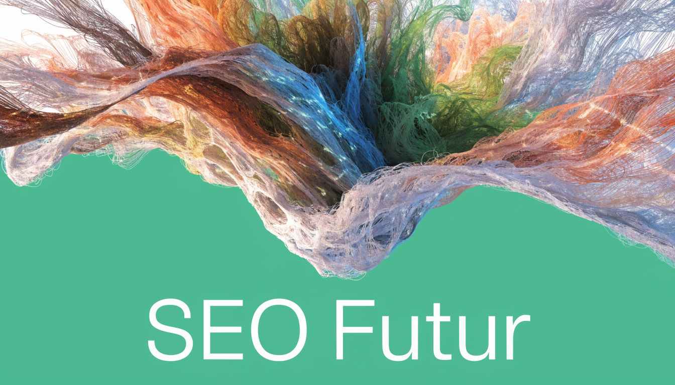 Une illustration abstraite avec des fils colorés flottants au-dessus du texte SEO Futur sur fond vert.