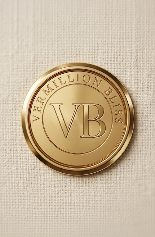 Round shiny gold VB emblem on cream linen surface