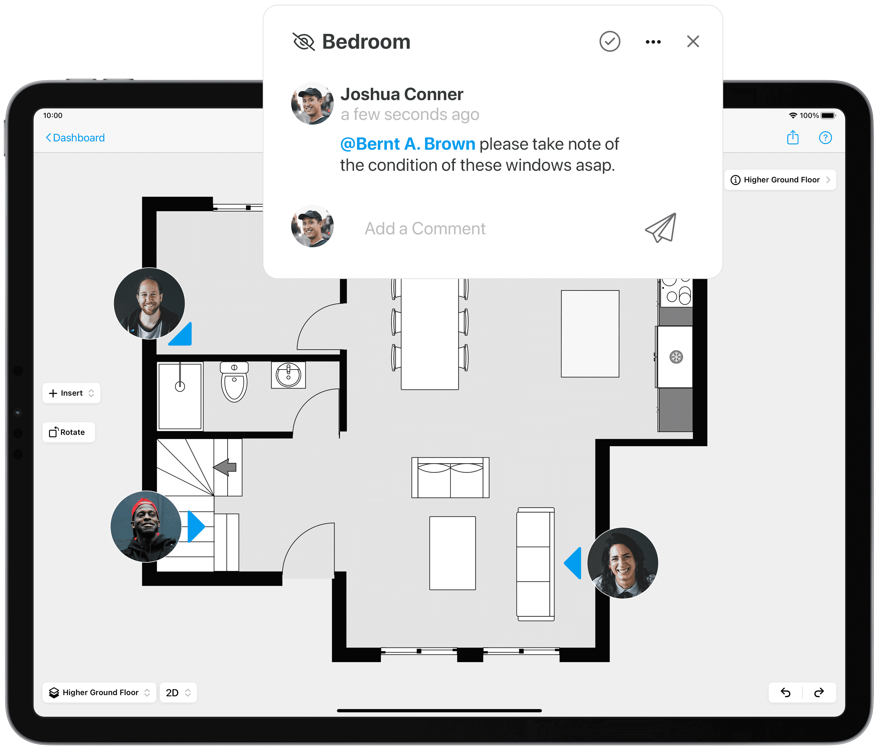 magic plan enabling team collaboration with comments and mentions directly on a shared floor plan