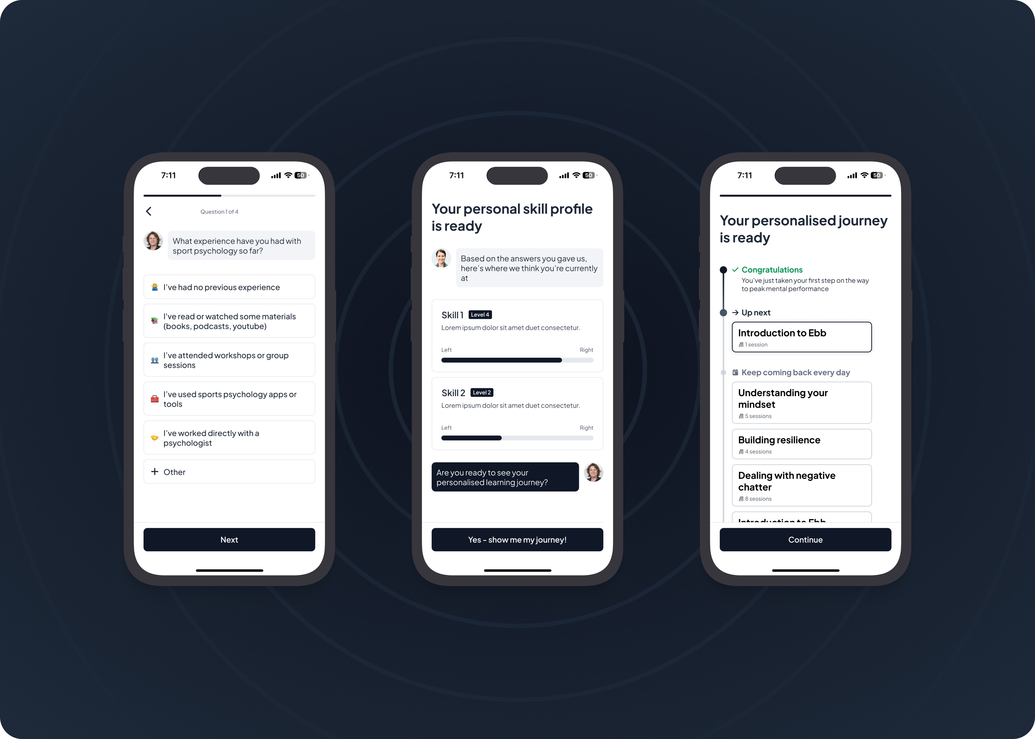 Example of an onboarding question (left), the skill profile that an athlete is shown (centre) and the journey created for an athlete (right)