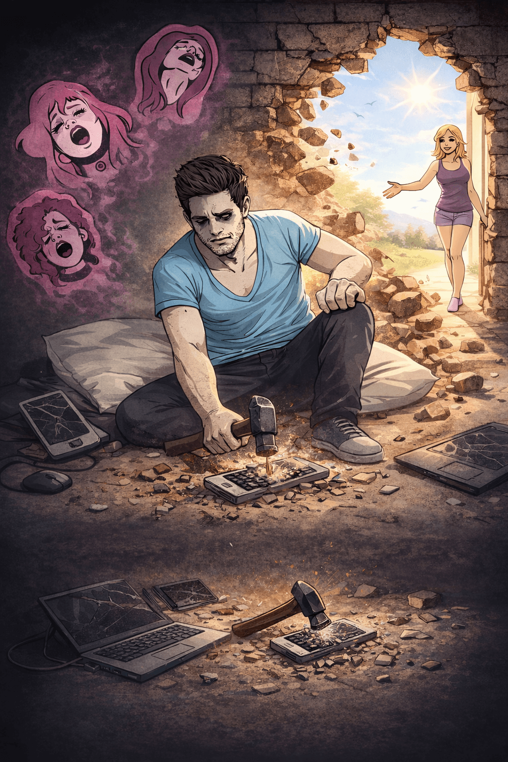 Illustration of a man breaking free from porn addiction by smashing electronic devices, symbolizing quitting porn cold turkey and overcoming cravings