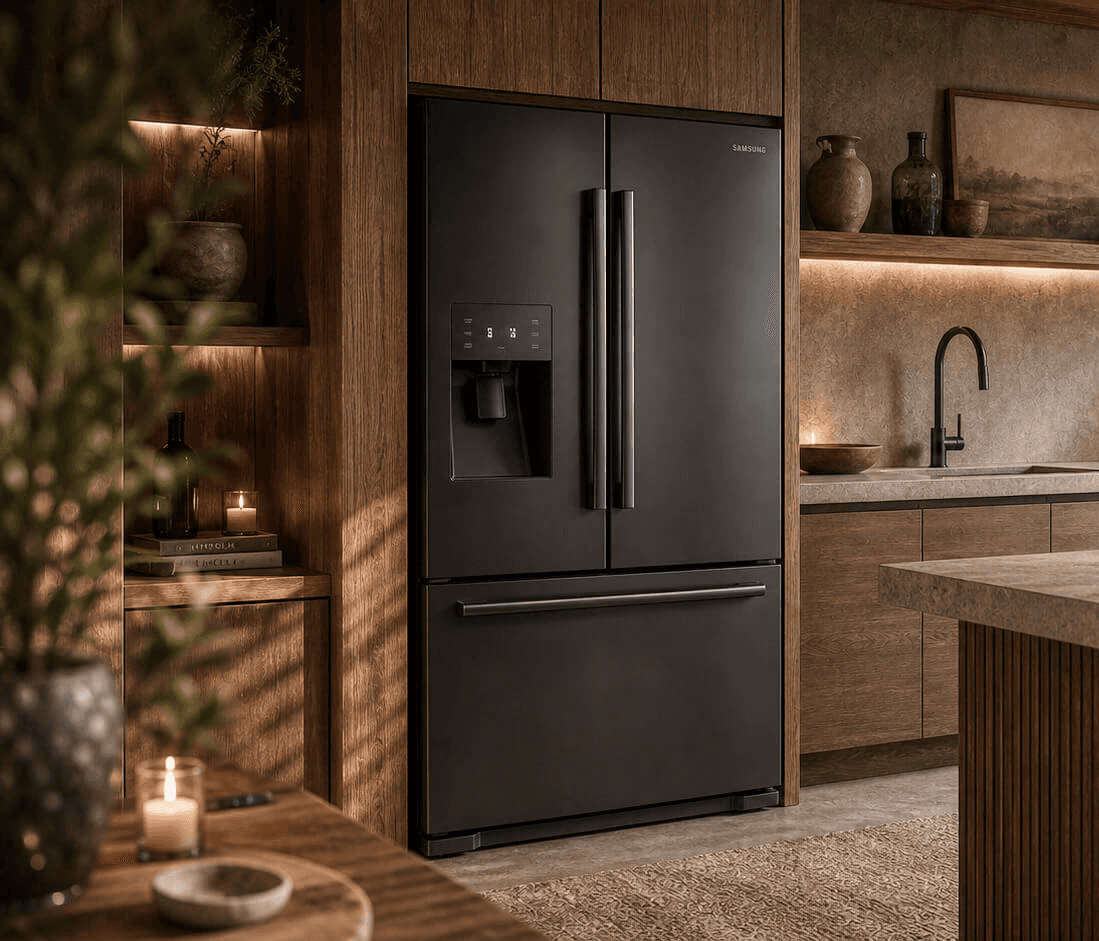 Dark refrigerator set into timber kitchen cupboards