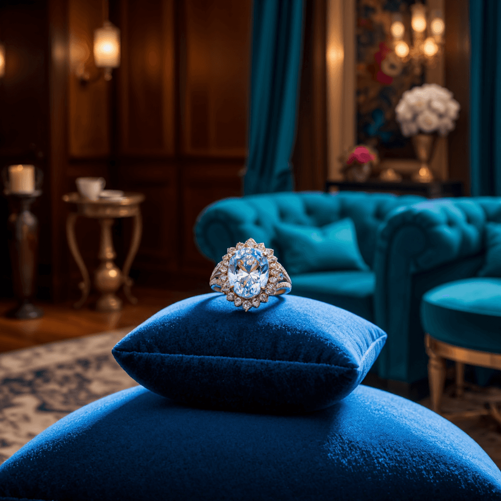 product photography of a ring with a central gemstone and decorative band