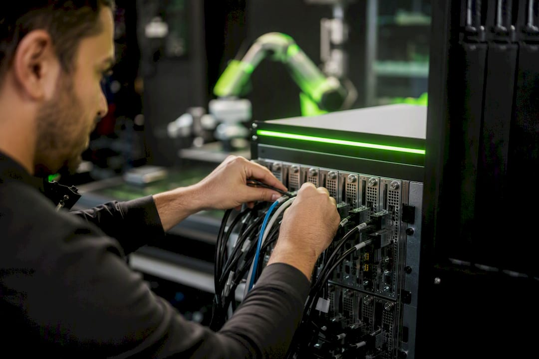 Hands adjusting hardware connectors in AI lab
