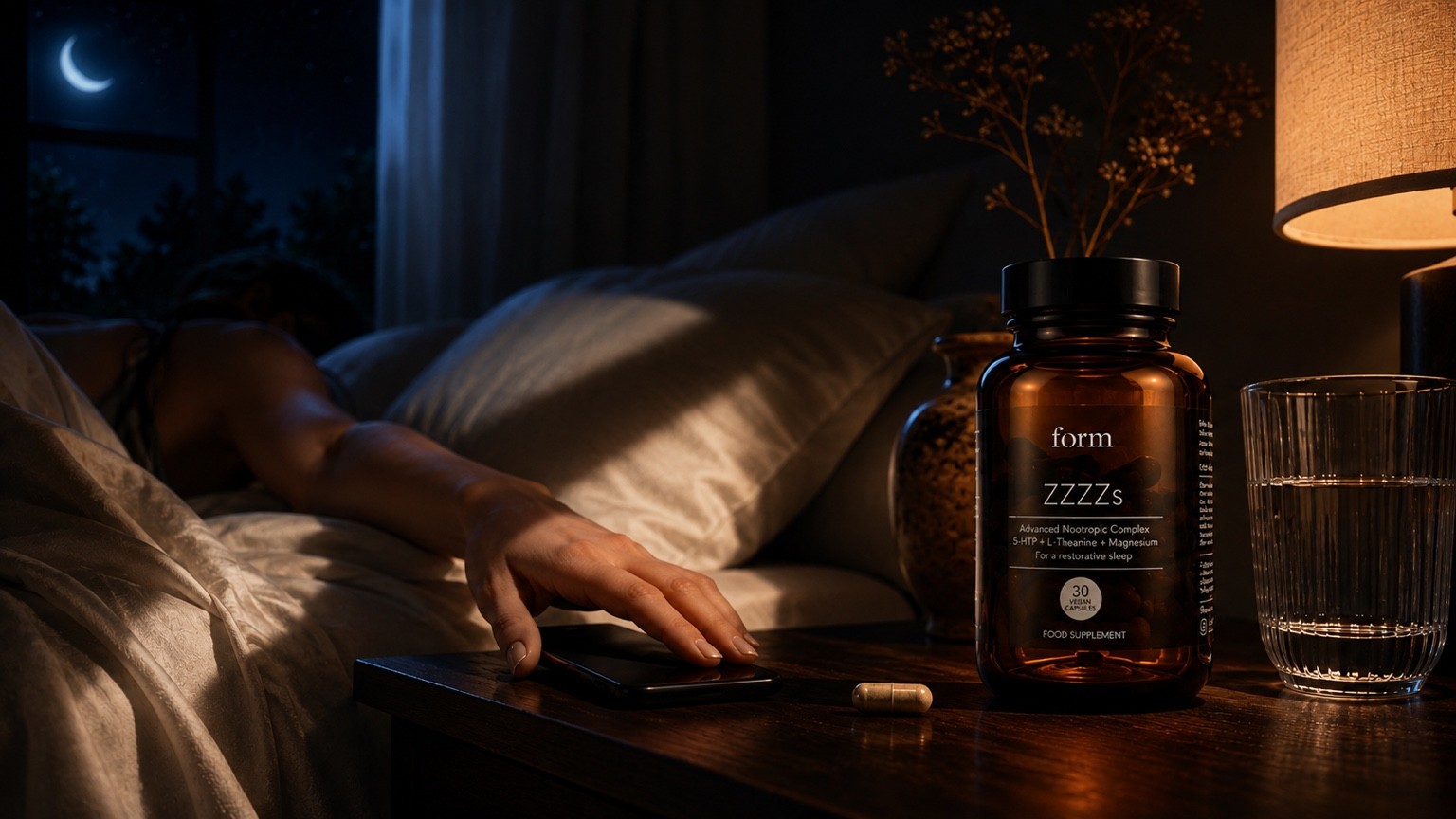 FORM ZZZZs bedside sleep ritual with the bottle, water and a woman putting down her phone.