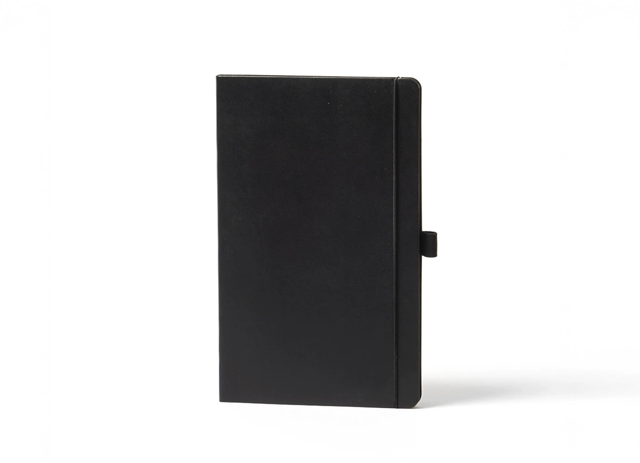 Front view of standing black notebook with minimalist design.