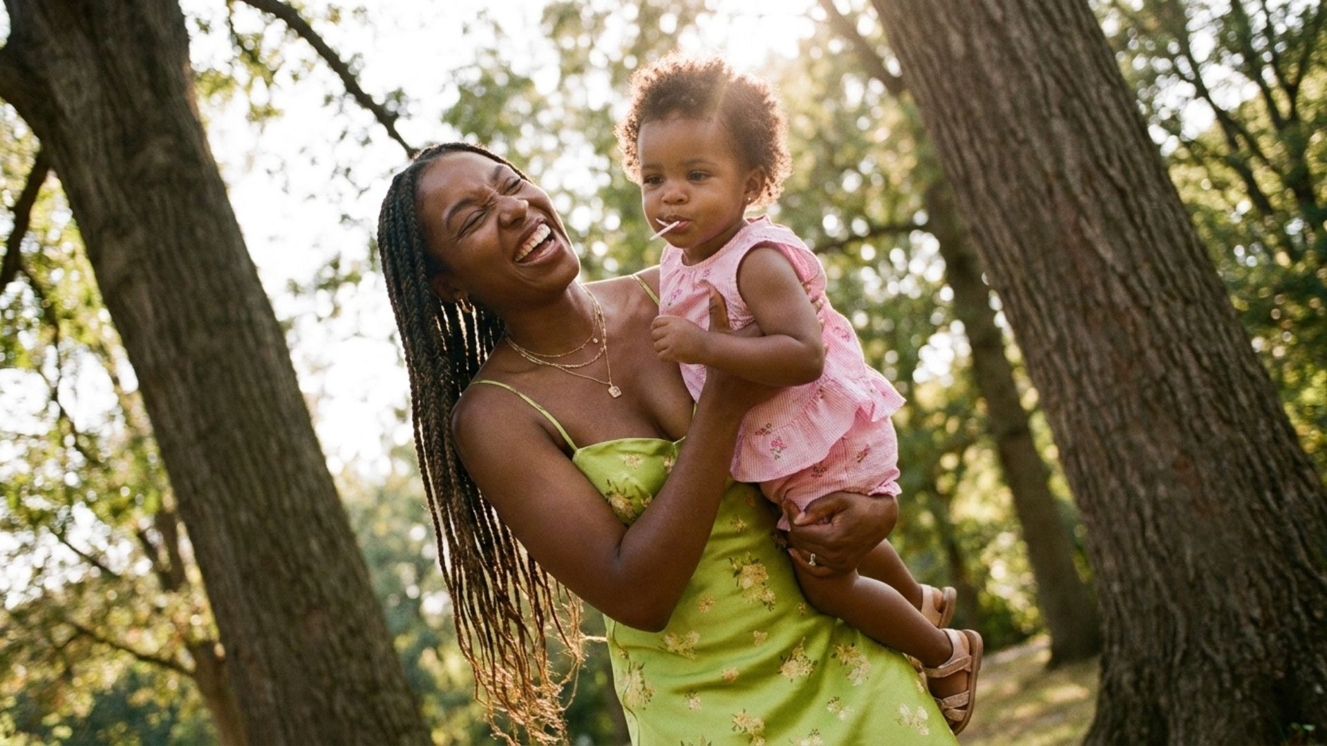 mother swinging her daughter in her arms in a natural environment