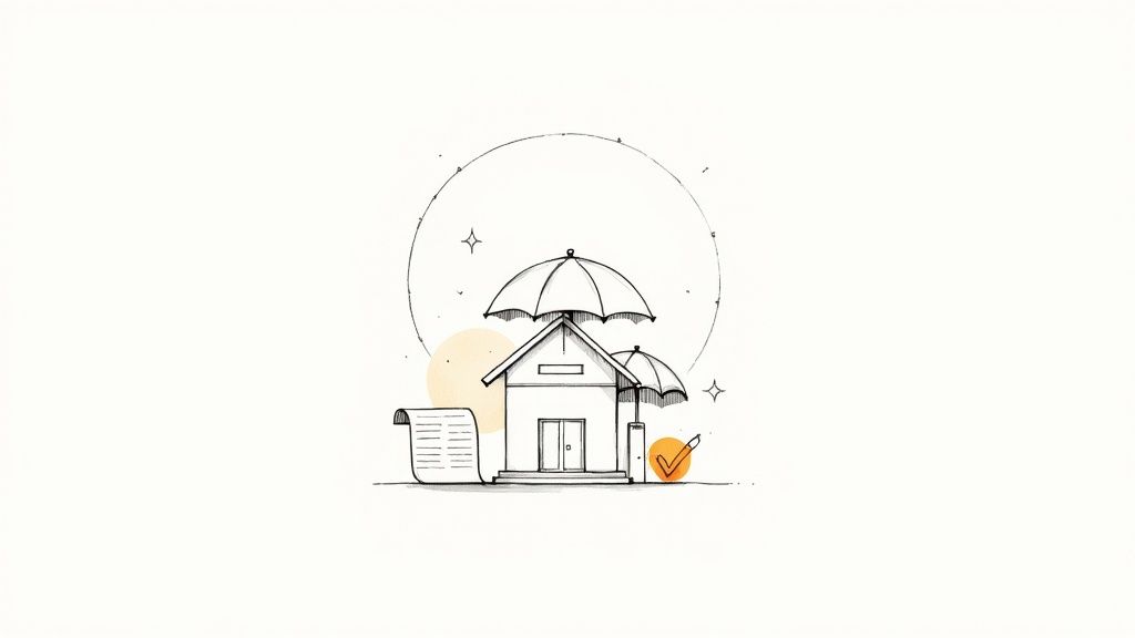 A hand-drawn illustration of a house with umbrellas, a document, and a checkmark, symbolizing home insurance.