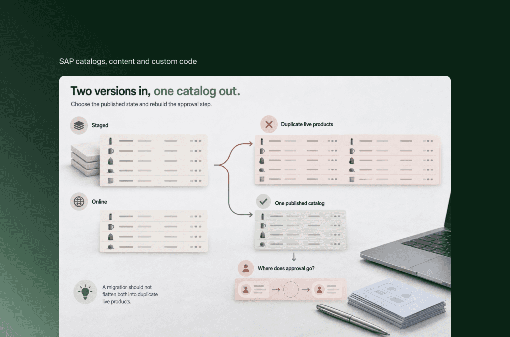 SAP-Katalogversionen Staged und Online zu einem veröffentlichten Shopify-Katalog mit neuem Freigabeschritt zusammengeführt